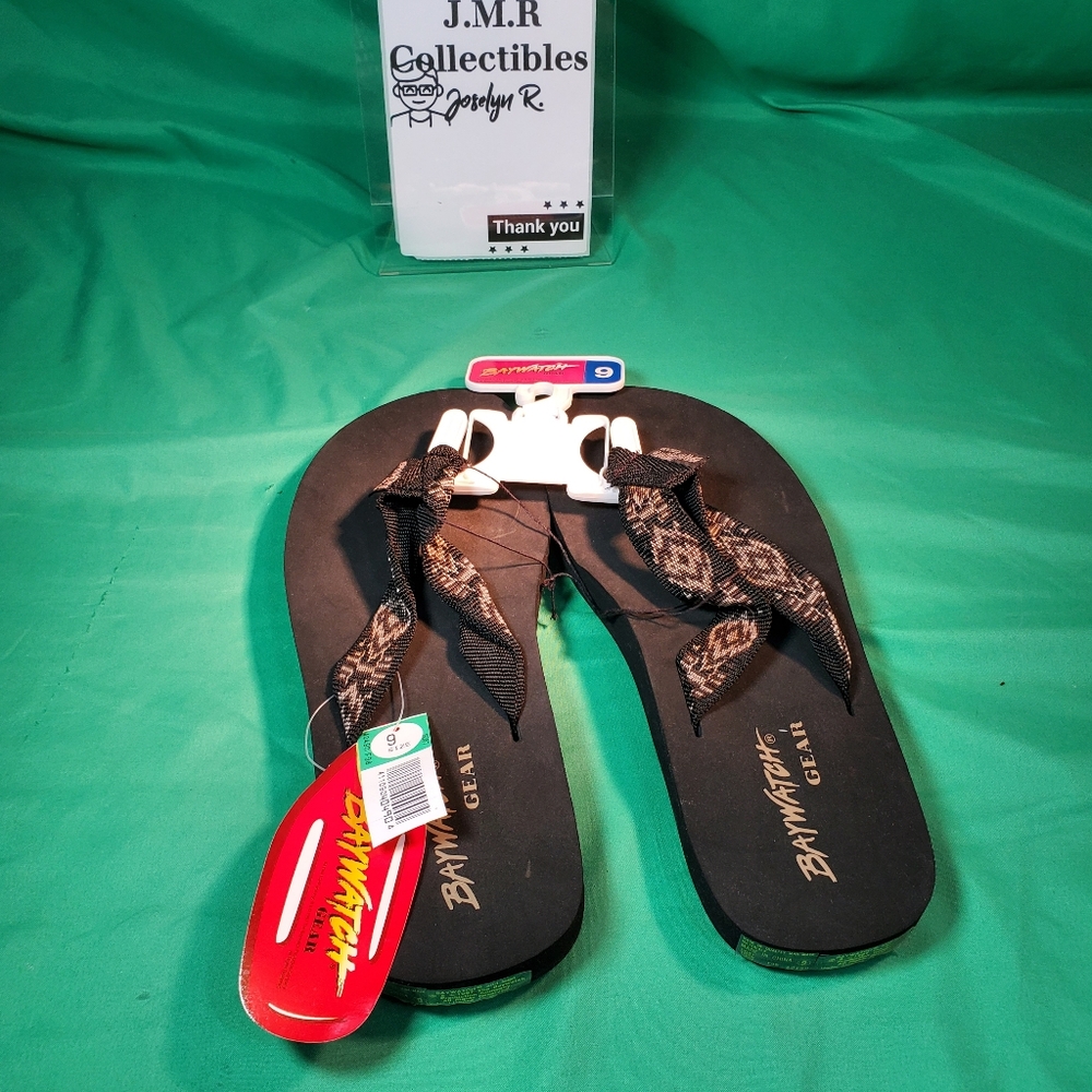 VINTAGE 90's 1997 Baywatch Gear  Black/tan Sandals Flip-Flops Sz 9 NWT NOS